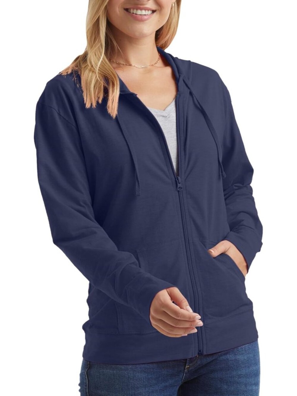 〽️Womens Navy Full Zip Hoodie Lightweight Cotton Jersey Drawstring Casual Jacket